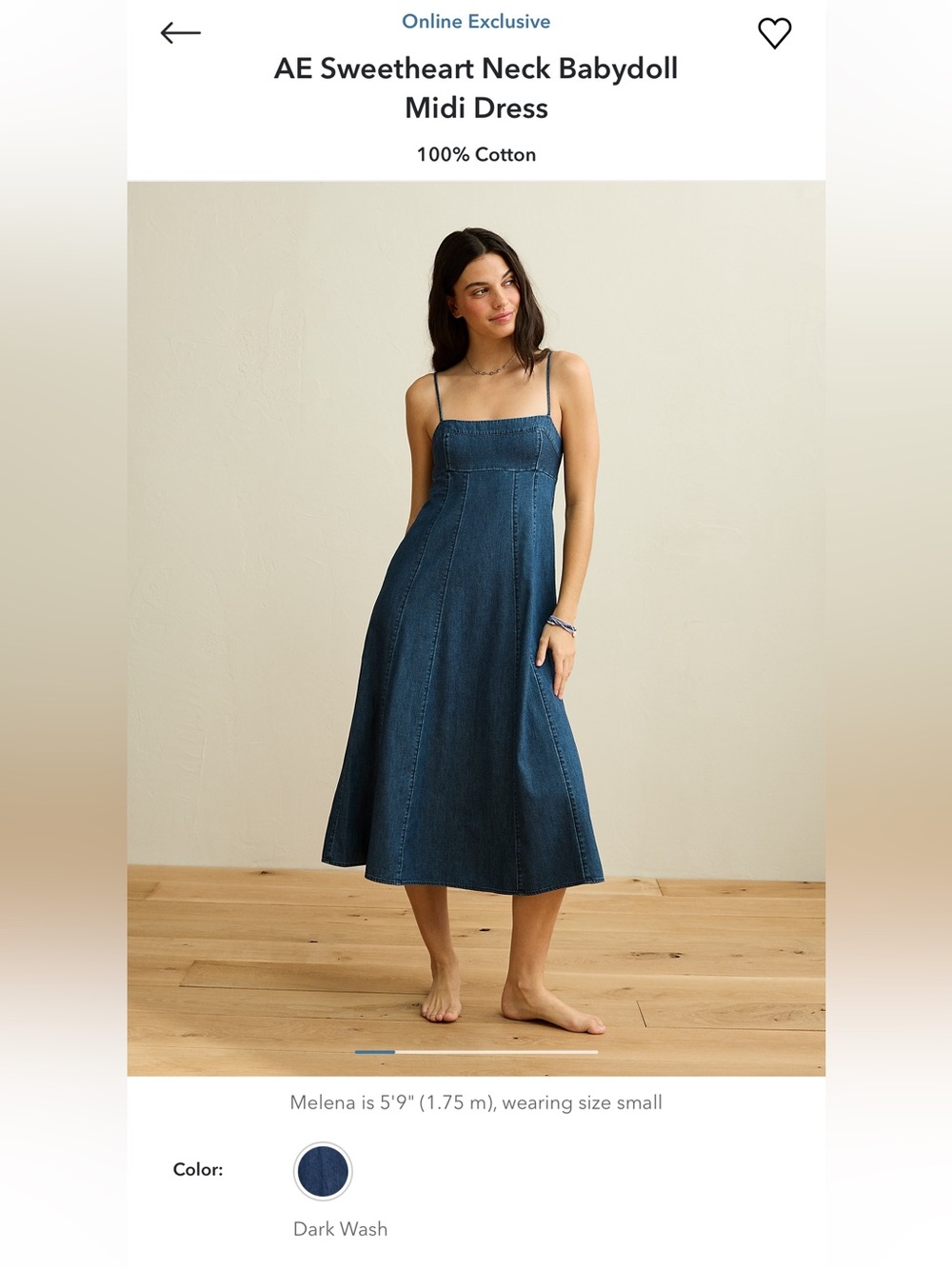 American Eagle Outfitters Dark Wash Denim Sweetheart Neck Babydoll Midi Dress